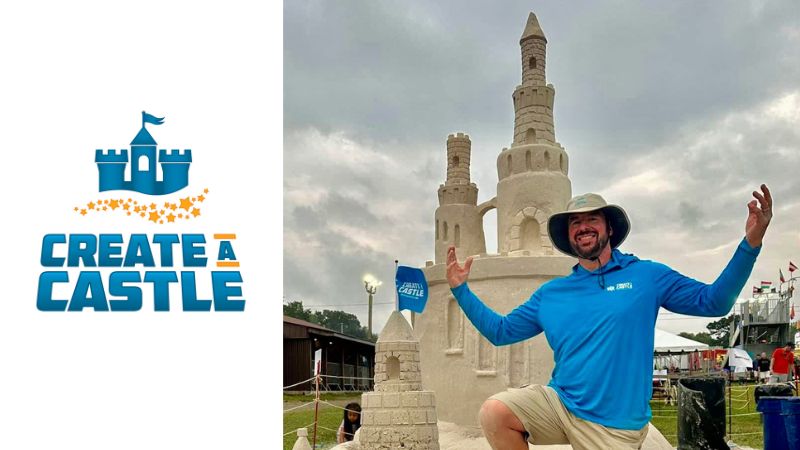 Create a Castle man standing in front of sandcastle