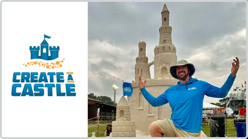 Create a Castle man standing in front of sandcastle